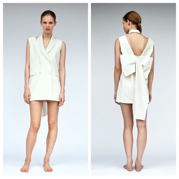 NWT. Zara Limited Edition Ecru Short Waistcoat Dress with Bow. Size S. - Picture 1 of 12